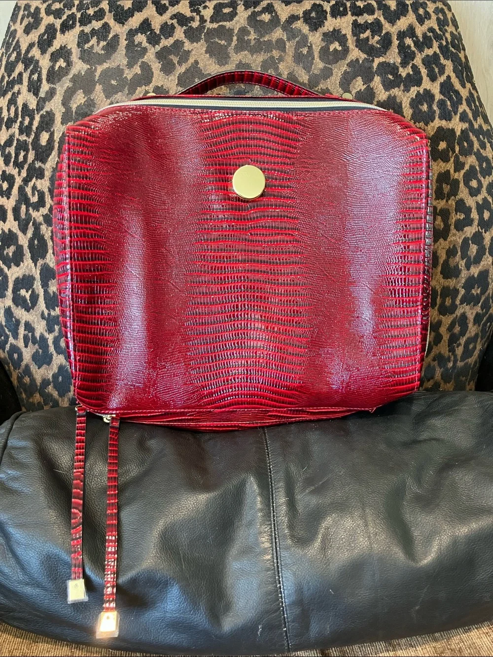 Estée Lauder Red Faux Lizard Cosmetic Bag with Gold Accent